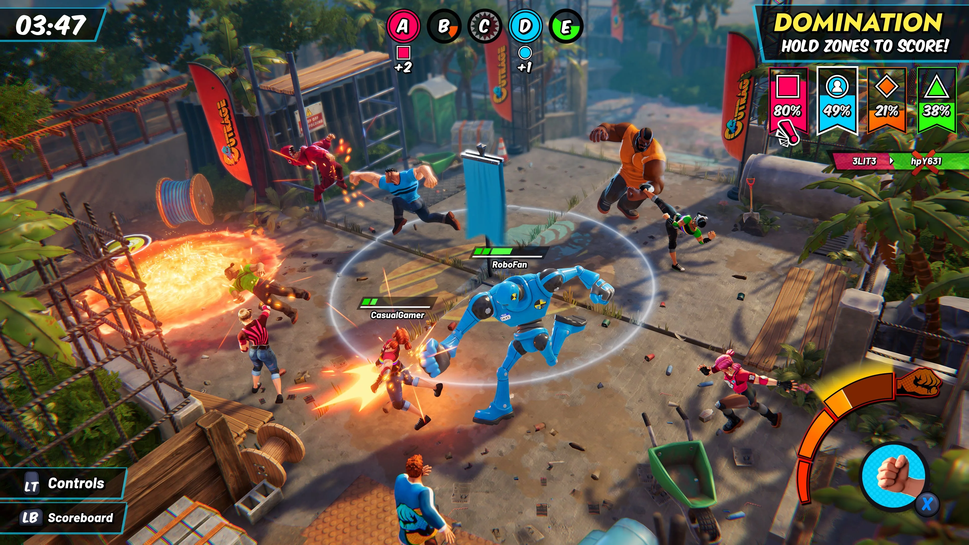 A screenshot from a game centring a large, blue robot character punching a small red-haired female character. In the background are several characters fighting.