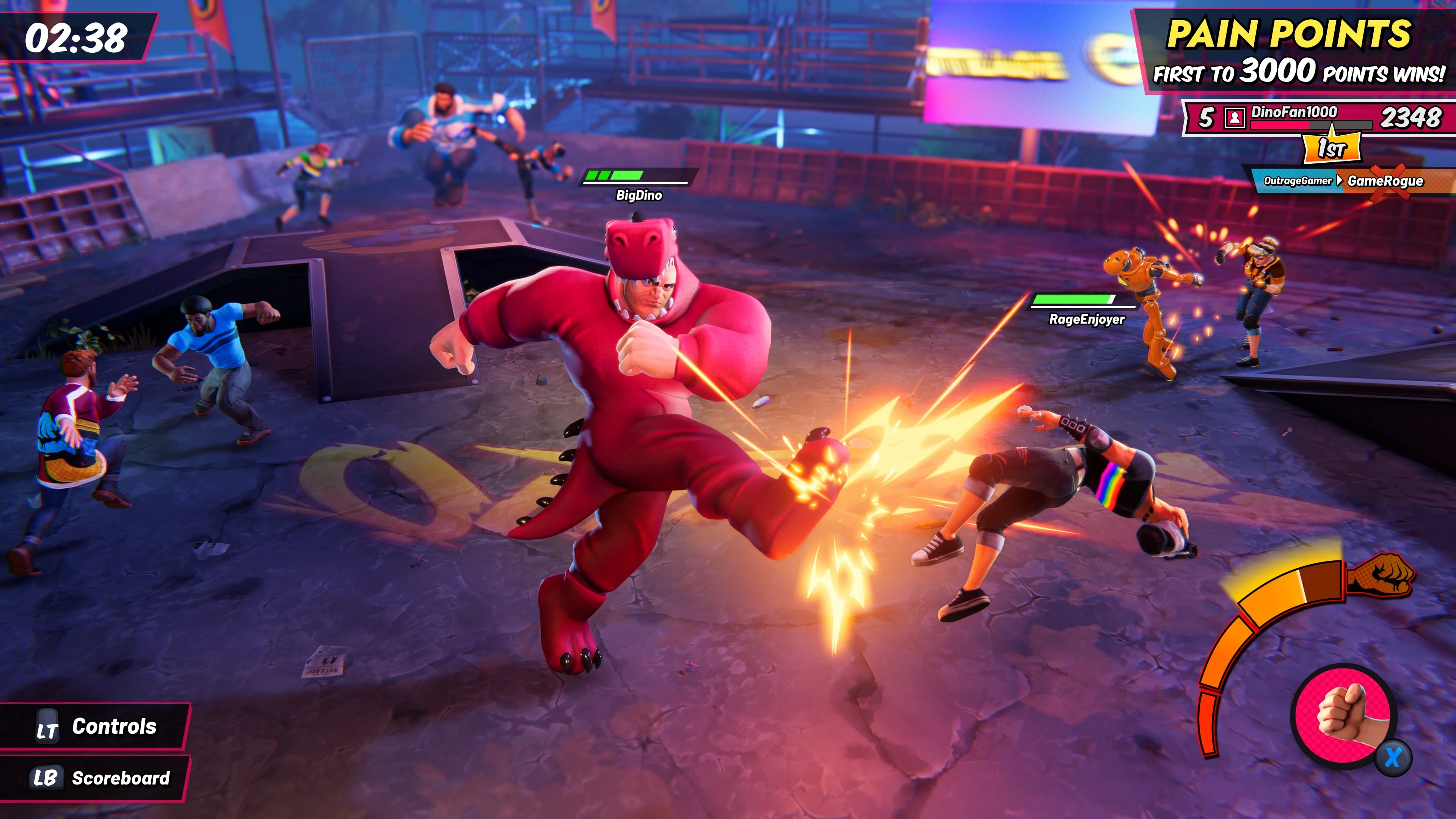 A screenshot from a game centring a large, male character in a pink dinosaur costume kicking a smaller character named. In the background are several other characters fighting.